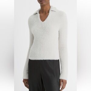 Vince Eyelash Knit Polo Sweater - M,  Light Birch Stone (Gray)